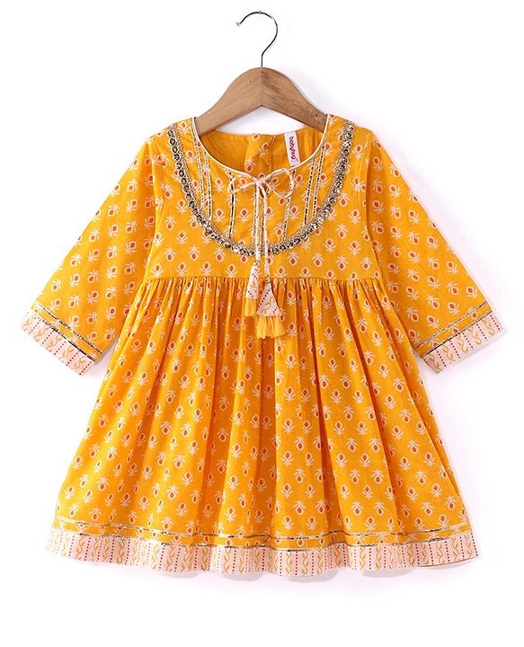 Babyhug Woven Three Fourth Sleeve Cambric Printed Kurti Palazzo and Dupatta Set - Yellow