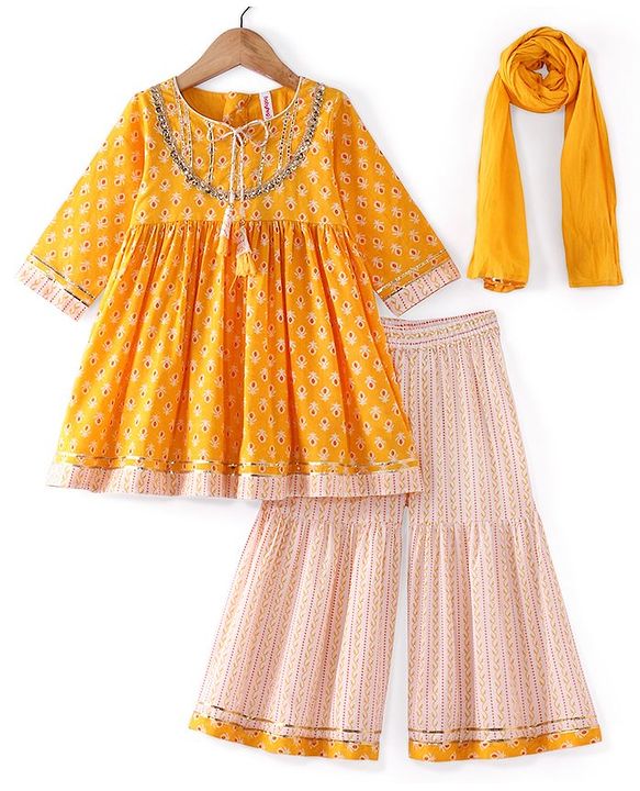 Babyhug Woven Three Fourth Sleeve Cambric Printed Kurti Palazzo and Dupatta Set - Yellow