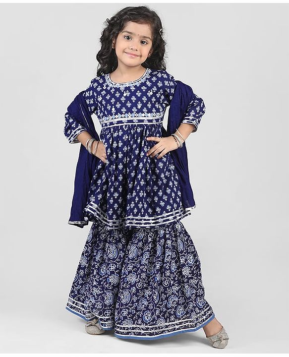 Babyhug Cambric Three Fourth Sleeves Kurti Sharara & Dupatta Set Floral Print with Embroidery Detailing - Indigo