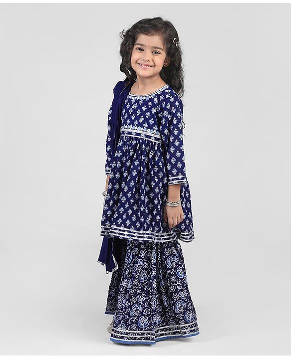 Babyhug Cambric Three Fourth Sleeves Kurti Sharara & Dupatta Set Floral Print with Embroidery Detailing - Indigo