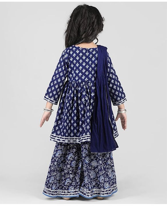 Babyhug Cambric Three Fourth Sleeves Kurti Sharara & Dupatta Set Floral Print with Embroidery Detailing - Indigo