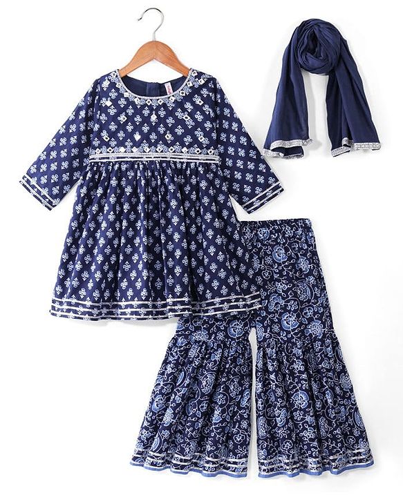 Babyhug Cambric Three Fourth Sleeves Kurti Sharara & Dupatta Set Floral Print with Embroidery Detailing - Indigo