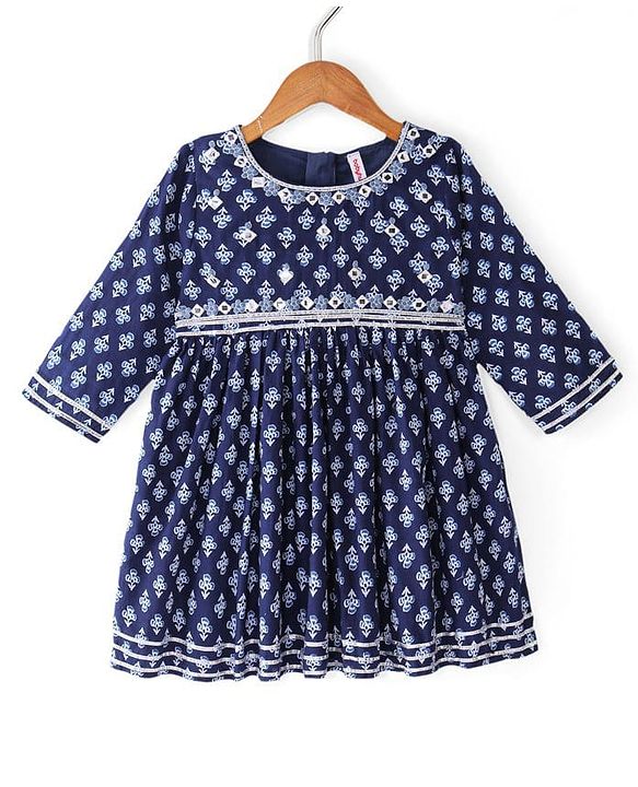 Babyhug Cambric Three Fourth Sleeves Kurti Sharara & Dupatta Set Floral Print with Embroidery Detailing - Indigo