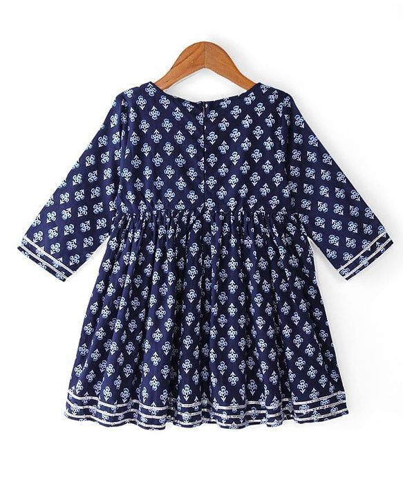 Babyhug Cambric Three Fourth Sleeves Kurti Sharara & Dupatta Set Floral Print with Embroidery Detailing - Indigo