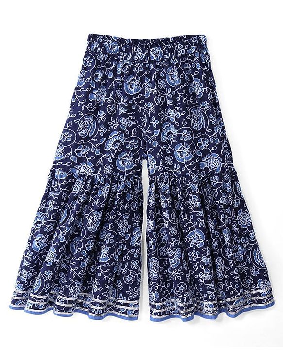 Babyhug Cambric Three Fourth Sleeves Kurti Sharara & Dupatta Set Floral Print with Embroidery Detailing - Indigo