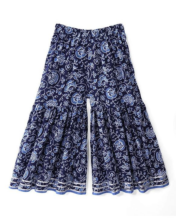 Babyhug Cambric Three Fourth Sleeves Kurti Sharara & Dupatta Set Floral Print with Embroidery Detailing - Indigo