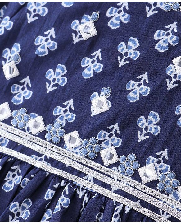 Babyhug Cambric Three Fourth Sleeves Kurti Sharara & Dupatta Set Floral Print with Embroidery Detailing - Indigo