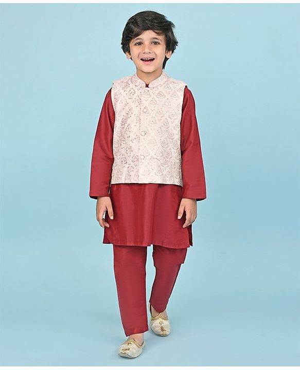 Babyhug 100% Cotton Woven Full Sleeves Cambric Kurta Pyjama Set With Mirror Embroided Jacket  -Red