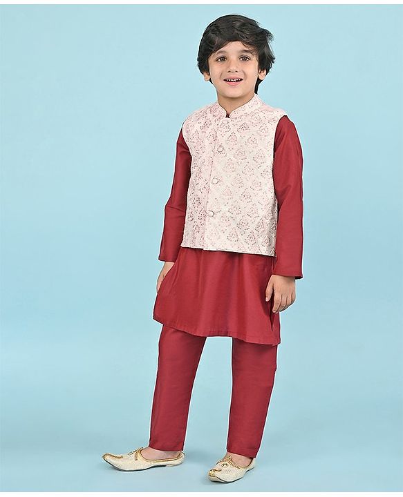 Babyhug 100% Cotton Woven Full Sleeves Cambric Kurta Pyjama Set With Mirror Embroided Jacket  -Red