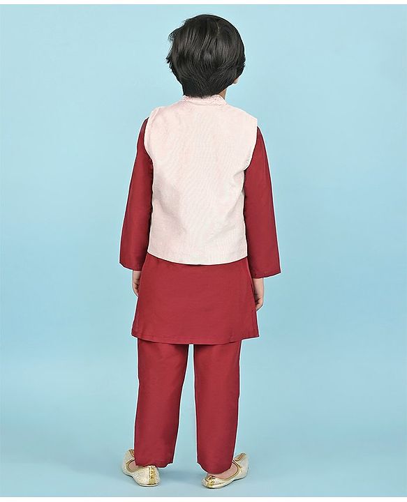 Babyhug 100% Cotton Woven Full Sleeves Cambric Kurta Pyjama Set With Mirror Embroided Jacket  -Red