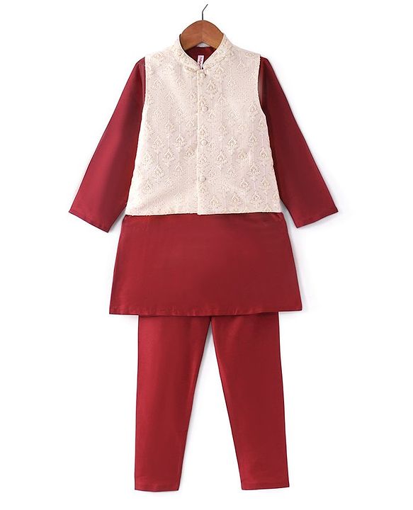 Babyhug 100% Cotton Woven Full Sleeves Cambric Kurta Pyjama Set With Mirror Embroided Jacket  -Red
