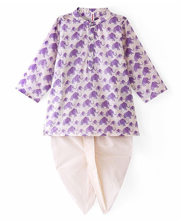 Babyhug Cambric Full Sleeves Kurta Dhoti Set Elephant Print - White