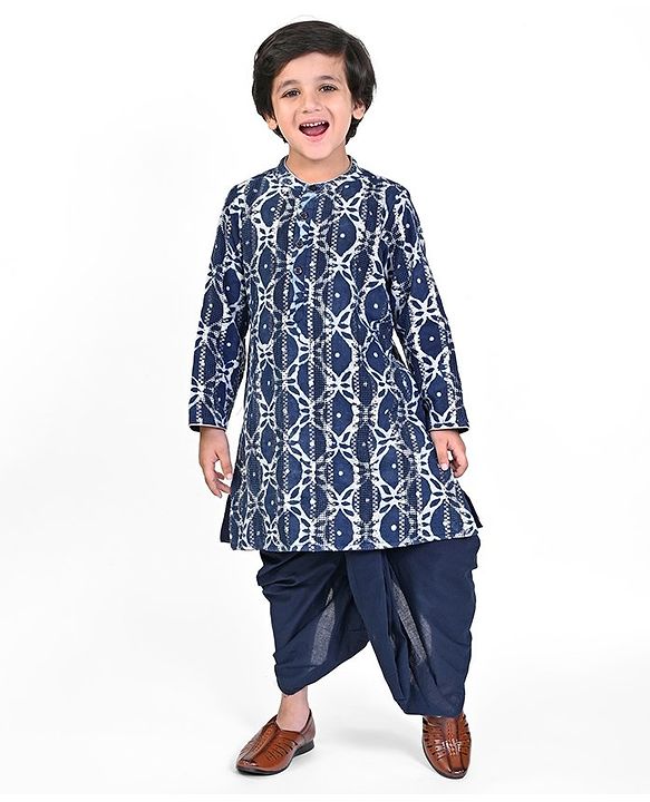 Babyhug Full Sleeves Lurex Printed Kurta Dhoti Set - Navy Blue