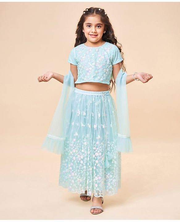 Babyhug Short Sleeves Net Sequenced Embroidered Choli Lehenga and Dupatta Set - Blue