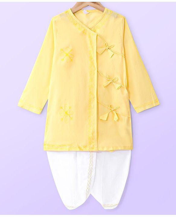 Babyhug Cotton Woven Floral Embroidered Angarakha Full Sleeves Kurta & Dhoti Set - Yellow