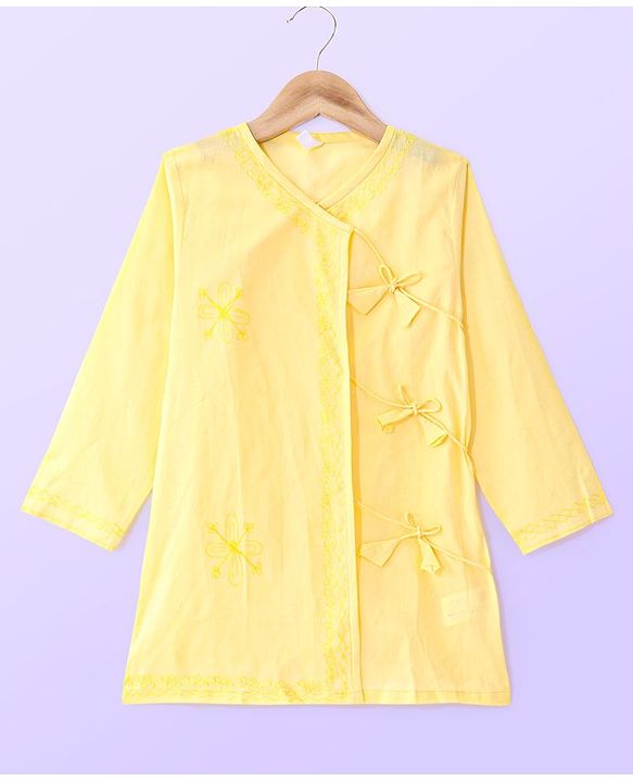 Babyhug Cotton Woven Floral Embroidered Angarakha Full Sleeves Kurta & Dhoti Set - Yellow