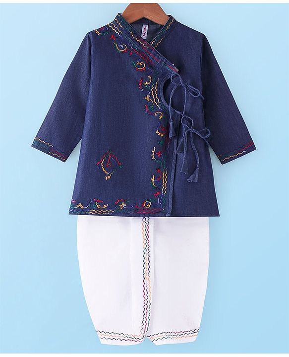 Babyhug Cotton Woven Full Sleeves Denim Embroidered Kurta & Dhoti Set - Blue