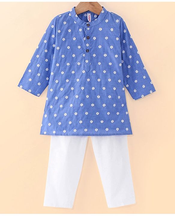 Babyhug Cambric Full Sleeves Embroiderd Kurta Pyjama Set - Blue