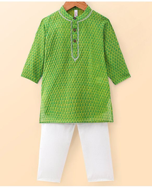 Babyhug Cotton Woven Cambric Full Sleeves Dobby Embroiderd Kurta Pyjama Set - Green