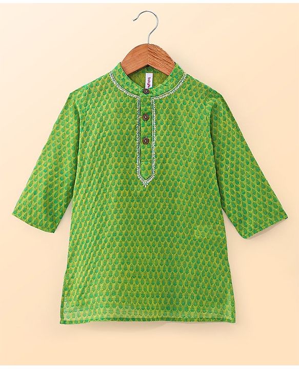 Babyhug Cotton Woven Cambric Full Sleeves Dobby Embroiderd Kurta Pyjama Set - Green