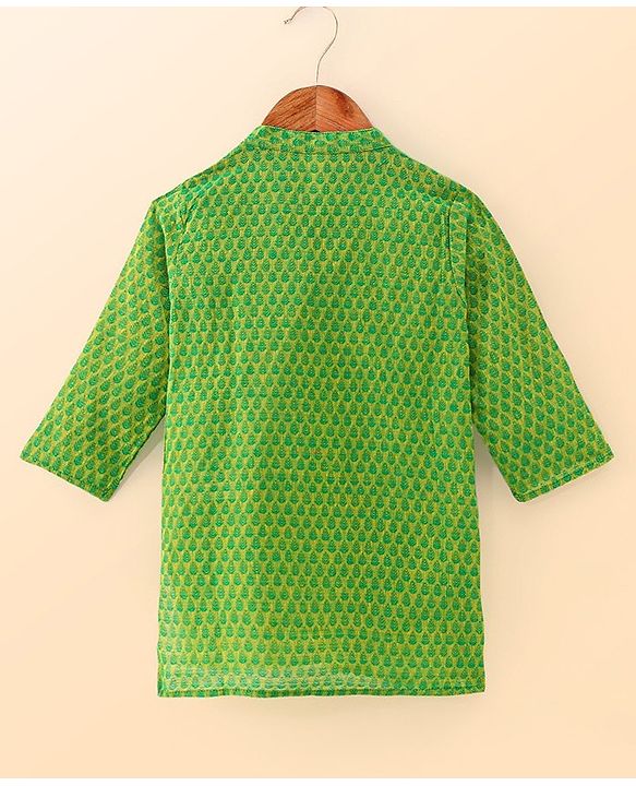 Babyhug Cotton Woven Cambric Full Sleeves Dobby Embroiderd Kurta Pyjama Set - Green