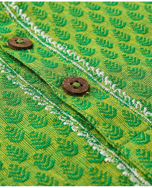 Babyhug Cotton Woven Cambric Full Sleeves Dobby Embroiderd Kurta Pyjama Set - Green