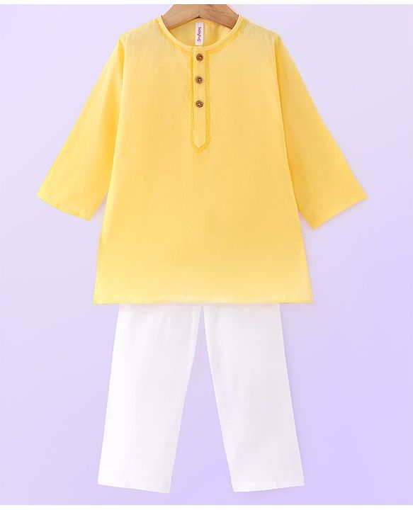 Babyhug Cotton Woven Cambric Full Sleeves Dobby Embroiderd Kurta Pyjama Set - Yellow