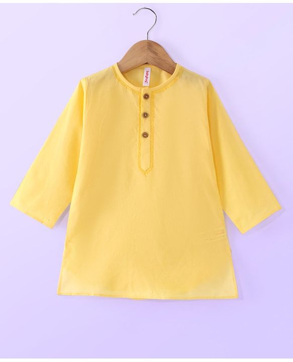 Babyhug Cotton Woven Cambric Full Sleeves Dobby Embroiderd Kurta Pyjama Set - Yellow