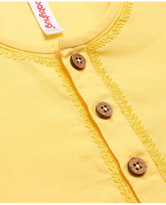 Babyhug Cotton Woven Cambric Full Sleeves Dobby Embroiderd Kurta Pyjama Set - Yellow