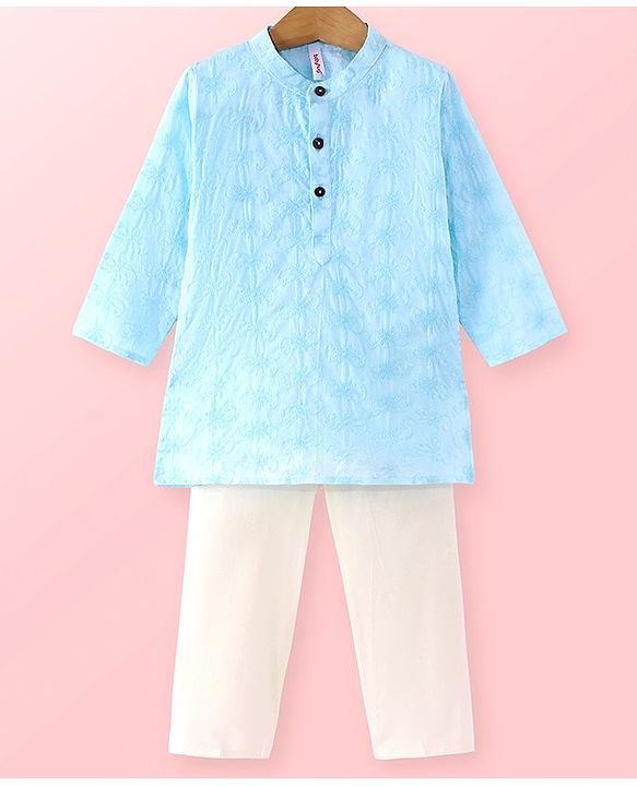 Babyhug Cambric Full Sleeves Schiffli Embroiderd Kurta Pyjama Set - Blue