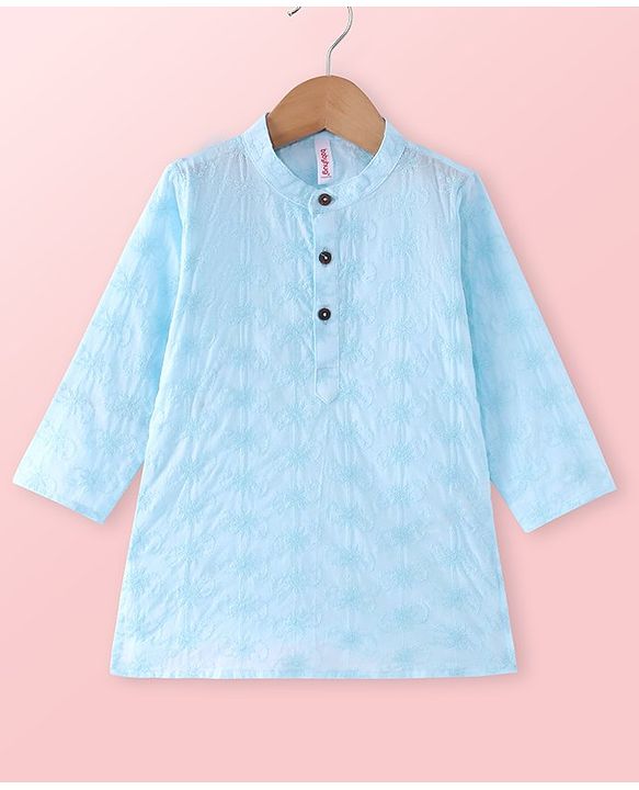 Babyhug Cambric Full Sleeves Schiffli Embroiderd Kurta Pyjama Set - Blue