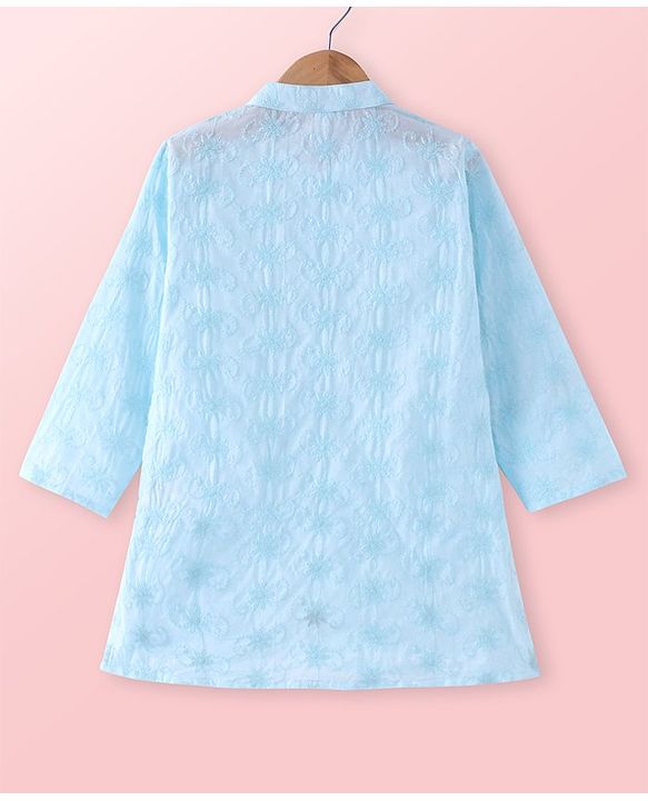Babyhug Cambric Full Sleeves Schiffli Embroiderd Kurta Pyjama Set - Blue