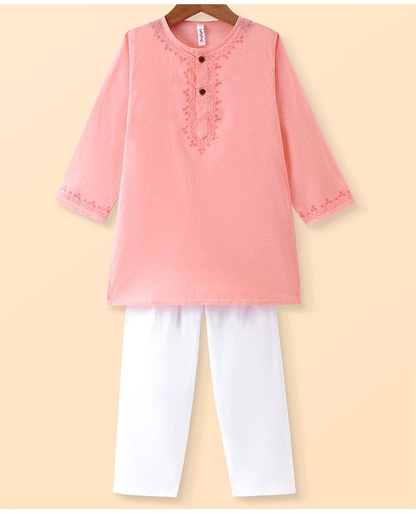 Babyhug Cotton Cambric Full Sleeves Embroidered Kurta Pyjama Set - Peach