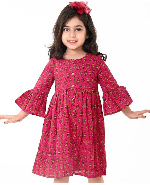 Babyhug 100% Cotton Woven Three Fourth Sleeves Ethnic Dress With Floral Print - Fuschia