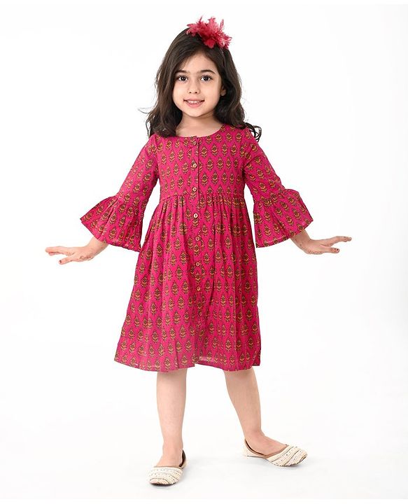 Babyhug 100% Cotton Woven Three Fourth Sleeves Ethnic Dress With Floral Print - Fuschia