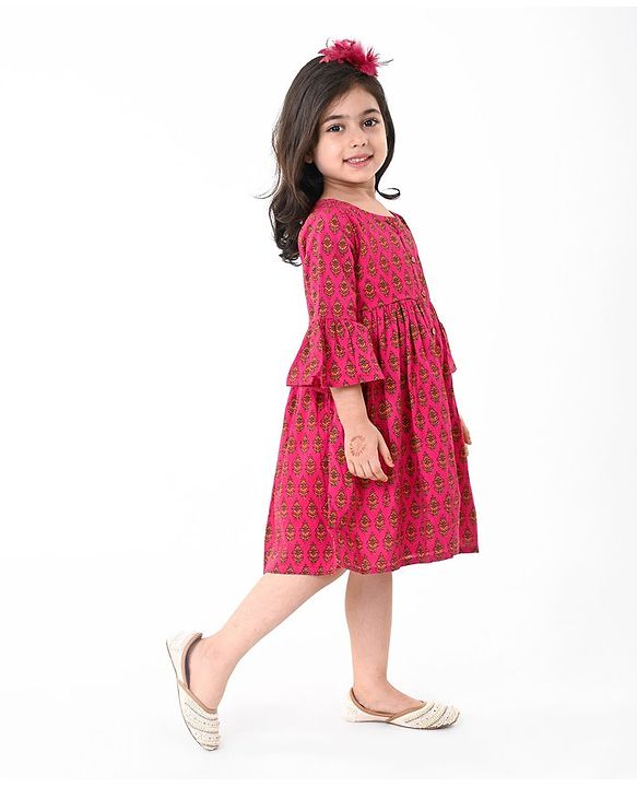 Babyhug 100% Cotton Woven Three Fourth Sleeves Ethnic Dress With Floral Print - Fuschia