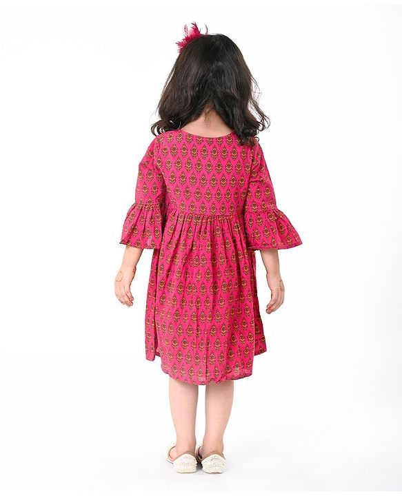 Babyhug 100% Cotton Woven Three Fourth Sleeves Ethnic Dress With Floral Print - Fuschia