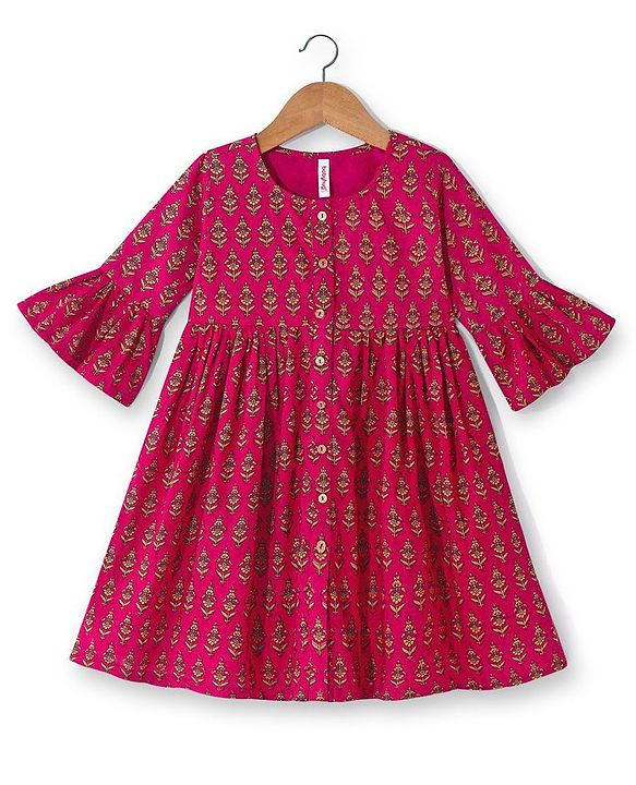 Babyhug 100% Cotton Woven Three Fourth Sleeves Ethnic Dress With Floral Print - Fuschia