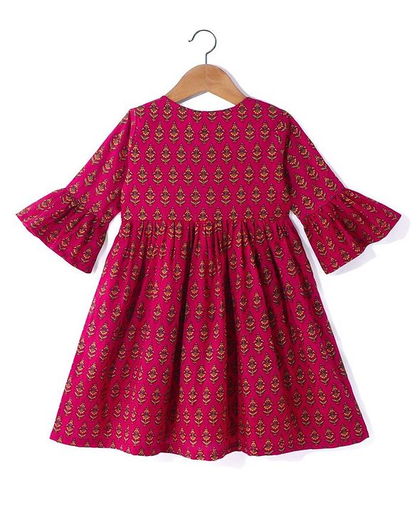 Babyhug 100% Cotton Woven Three Fourth Sleeves Ethnic Dress With Floral Print - Fuschia