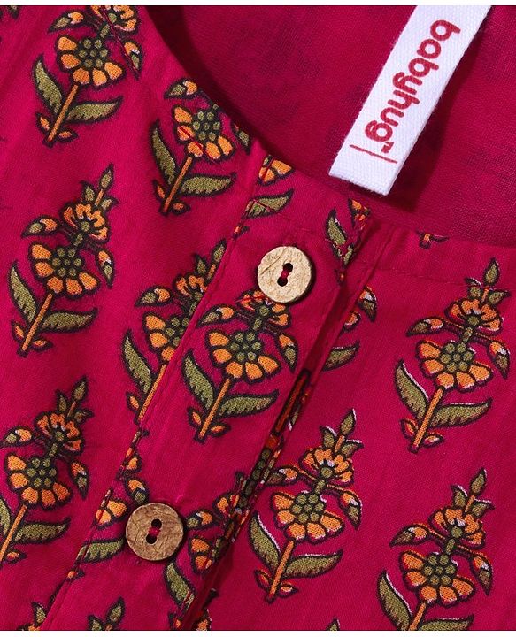 Babyhug 100% Cotton Woven Three Fourth Sleeves Ethnic Dress With Floral Print - Fuschia