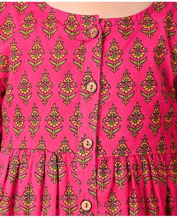 Babyhug 100% Cotton Woven Three Fourth Sleeves Ethnic Dress With Floral Print - Fuschia
