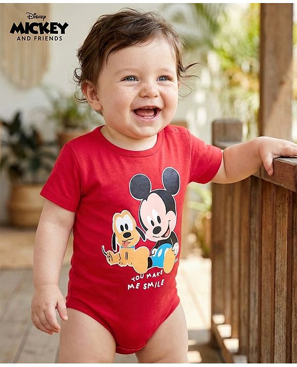 Babyhug Disney Interlock Knit Half Sleeves Onesies with Mickey Mouse Graphics - Red