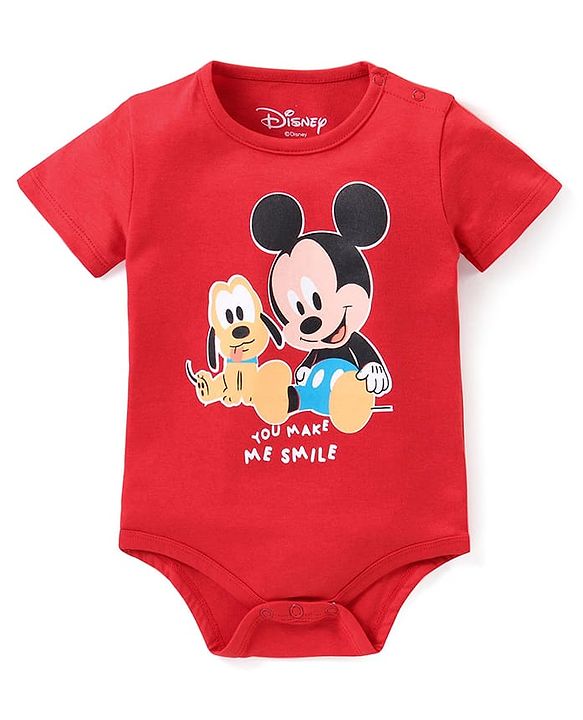 Babyhug Disney Interlock Knit Half Sleeves Onesies with Mickey Mouse Graphics - Red