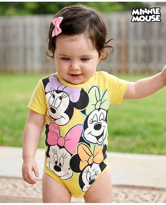 Babyhug Disney Interlock Knit Half Sleeve Onesie  with Minnie Mouse Graphics - Yellow
