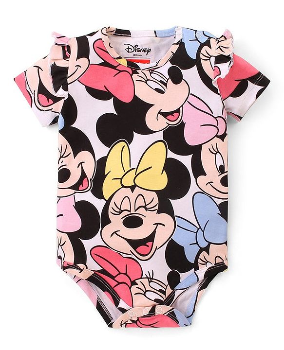 Babyhug Disney Interlock Cotton Knit Half Sleeves Onesie with Minnie Mouse Print - White