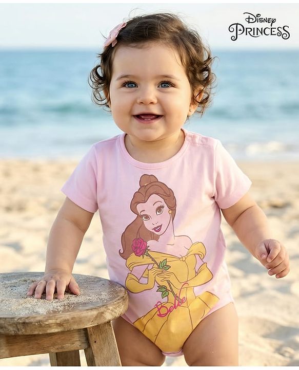 Babyhug Disney Interlock Knit Half Sleeves Onesie with Disney Princess Graphics - Pink