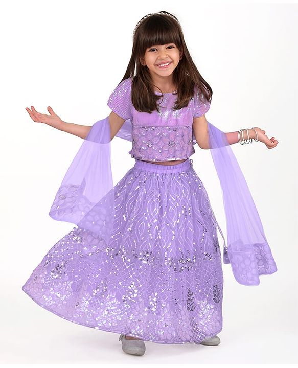 Babyhug Woven Short Sleeves  Net Sequins Embroidered Choli  Lehenga and Dupatta Set-   Lavender