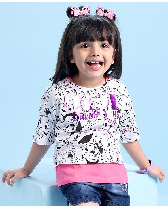 Babyhug Disney 100% Cotton Knit Half Sleeves Overlapped T-Shirt With 101 Dalmatians Graphics and Foil Detailing- Multicolor