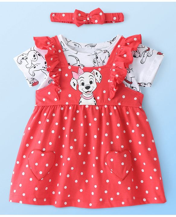 Babyhug Cotton Knit Frock with Half Sleeves T-Shirt & Headband Polka Dot & 101 Dalmatians Print - Red