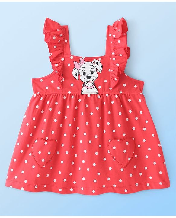 Babyhug Cotton Knit Frock with Half Sleeves T-Shirt & Headband Polka Dot & 101 Dalmatians Print - Red